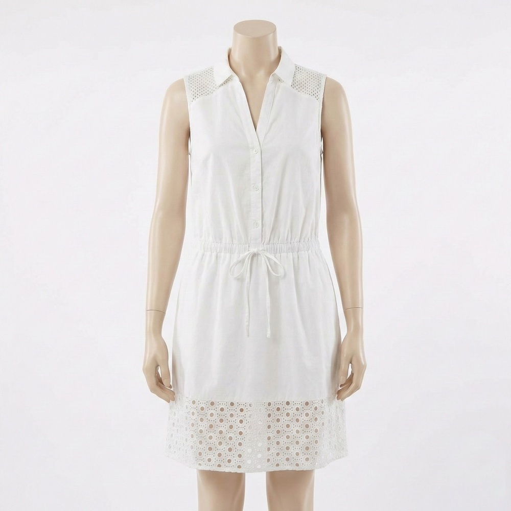 ELLE White Sleeveless Button Front Eyelet Lace Hem Drawstring Shirt Dress Size S
